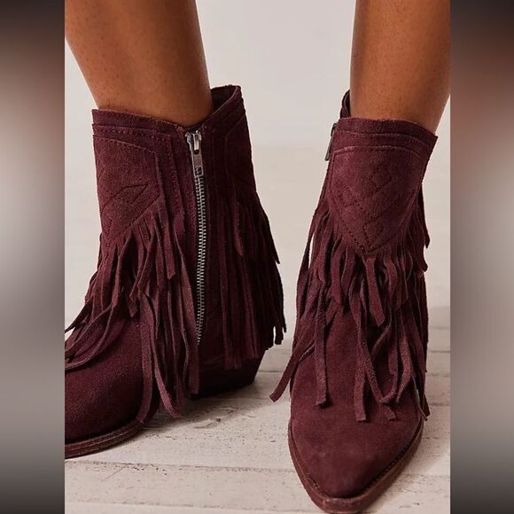 FREE PEOPLE LAWLESS FRINGE WESTERN SUEDE ANKLE BOOT NEW - Picture 2 of 6